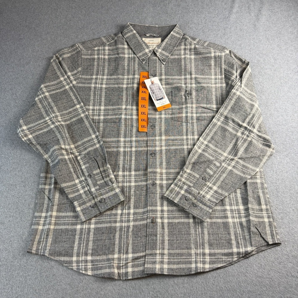 Weatherproof Vintage Mens XXL Gray White Plaid Flannel Button Down Shirt NWT